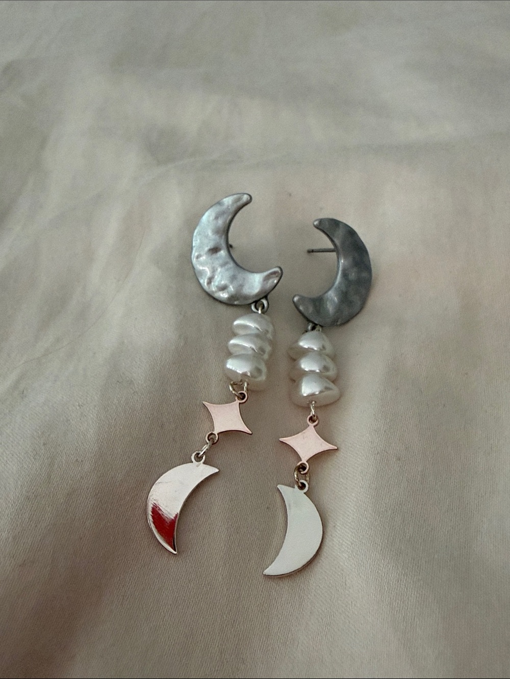 Pearl and Moon Dangle Earrings - Silver & White